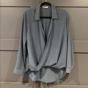 Blue Gray Silky Career Blouse sz Med